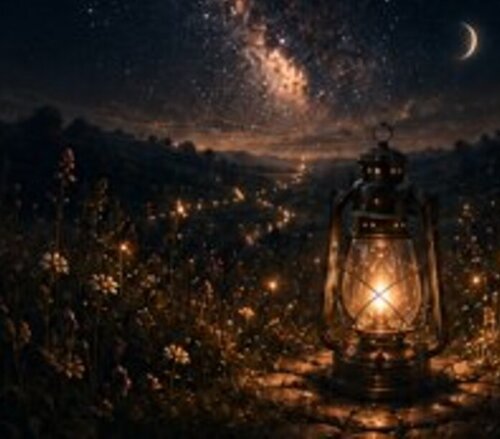 An illuminated path through the meadow